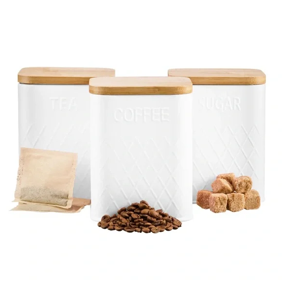 White Gold specales Kitchen Canister with Bamboo Lid - Tea Coffee Sugar - Picture 4 of 14